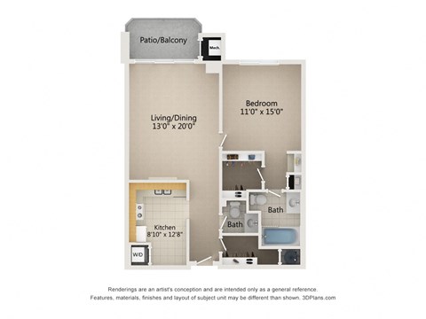 Floor plan for 1 bed, 1.5 baths, 940 sqft